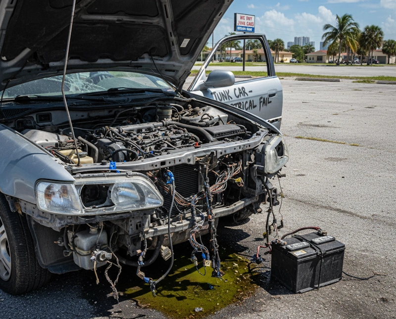 A car with exposed wires and engine highlighting Hercules' We Buy Junk Cars Delray Beach services