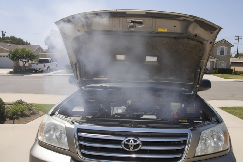 An SUV with an open hood, emitting steam, illustrating companies that buy cars with blown engines in Fort Lauderdale.
